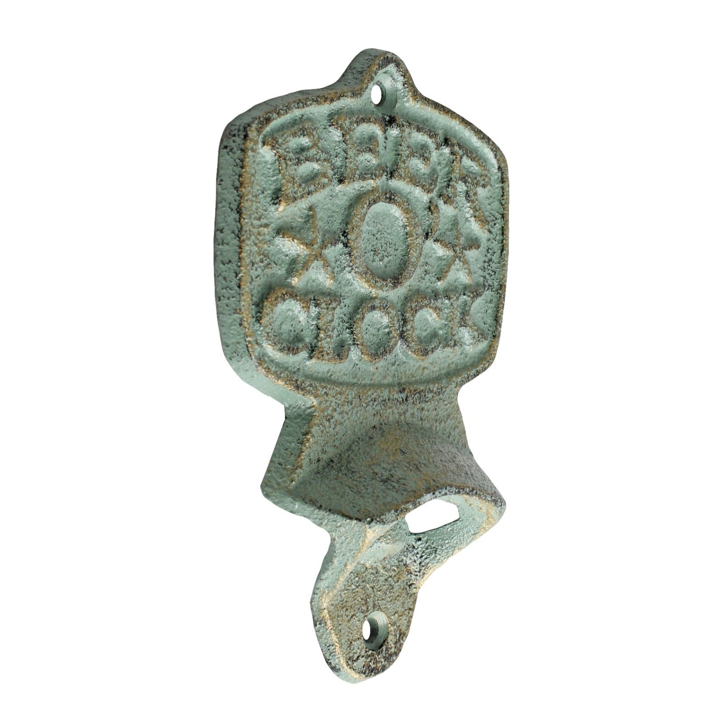Cast Iron Beer O' Clock Bottle Opener Wall Mounted Rustic Verdigris Green & Gold
