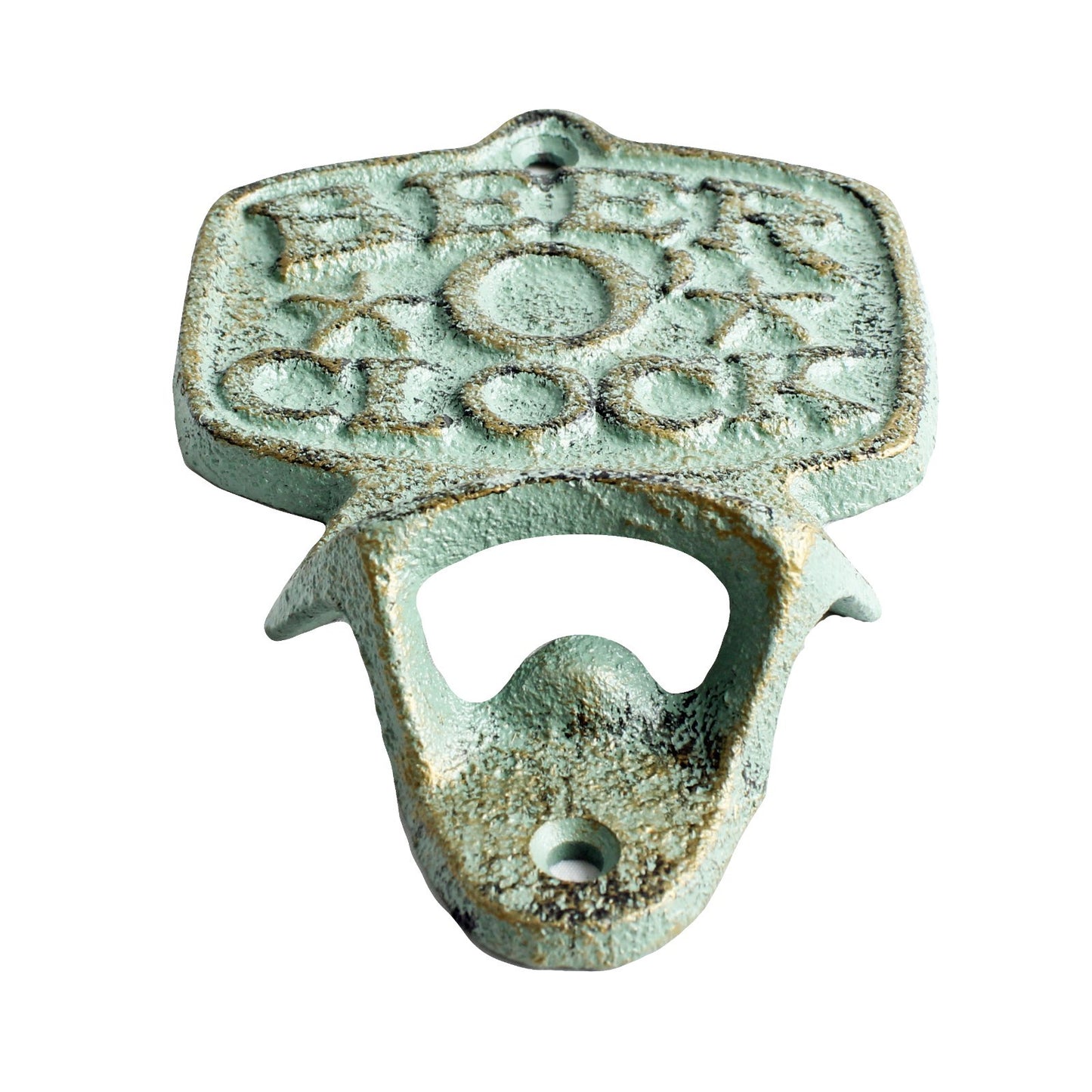 Cast Iron Beer O' Clock Bottle Opener Wall Mounted Rustic Verdigris Green & Gold