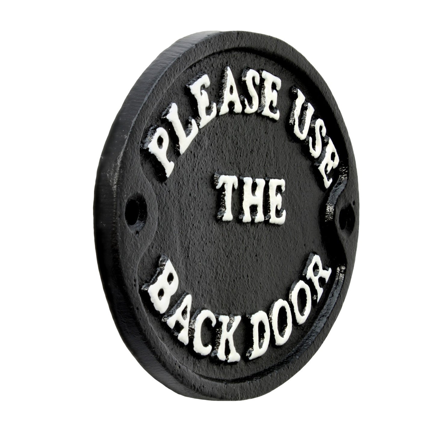 Please Use The Back Door Oval Cast Iron Plaque Sign Embossed Black 4 3/4 inch