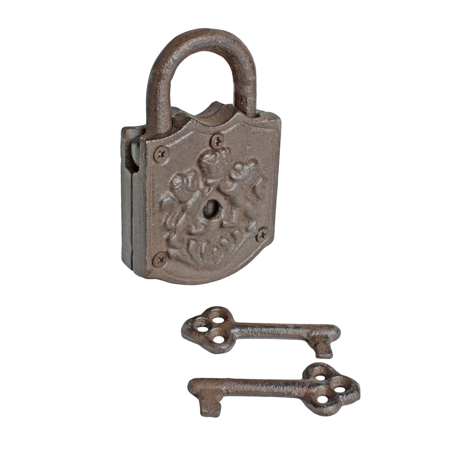 Lions Crest Iron Padlock 2 Jailer's Skeleton Keys Decorative Prop Antique Style