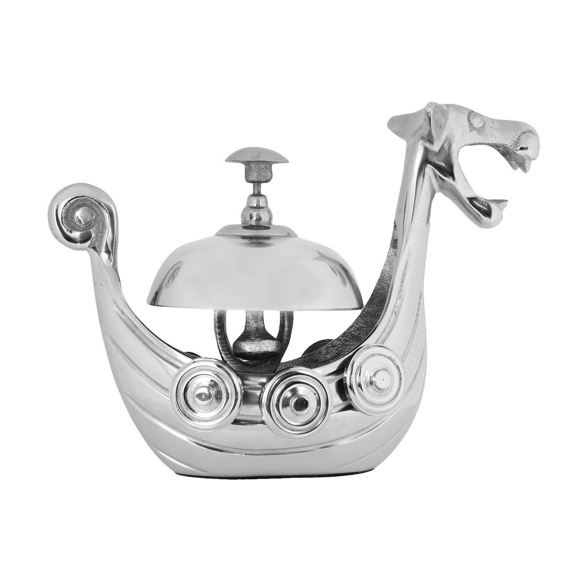 Polished Aluminum Metal Viking Dragon Ship Help Desk Counter Bell Collectible