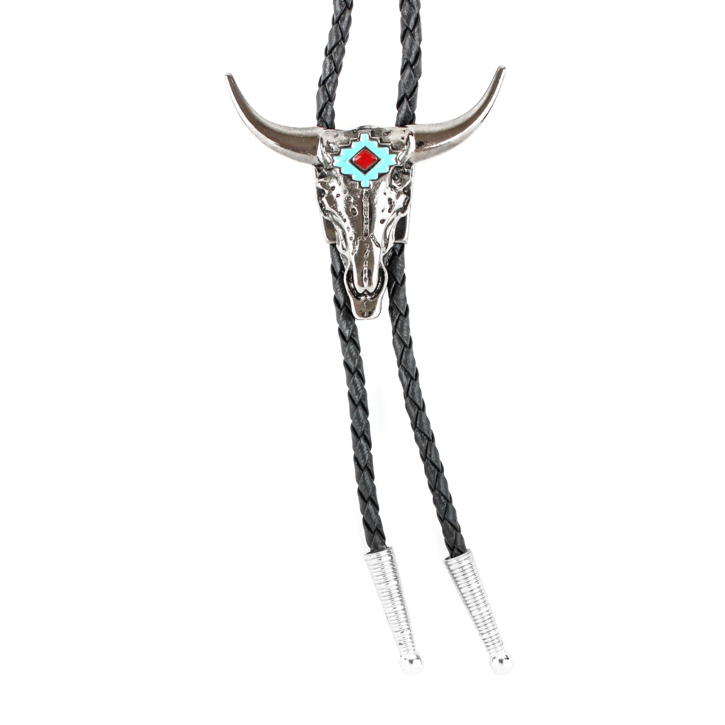 Silver Western Longhorn Skull Bolo Tie Turquoise Enamel 36 inch Cord Made in USA