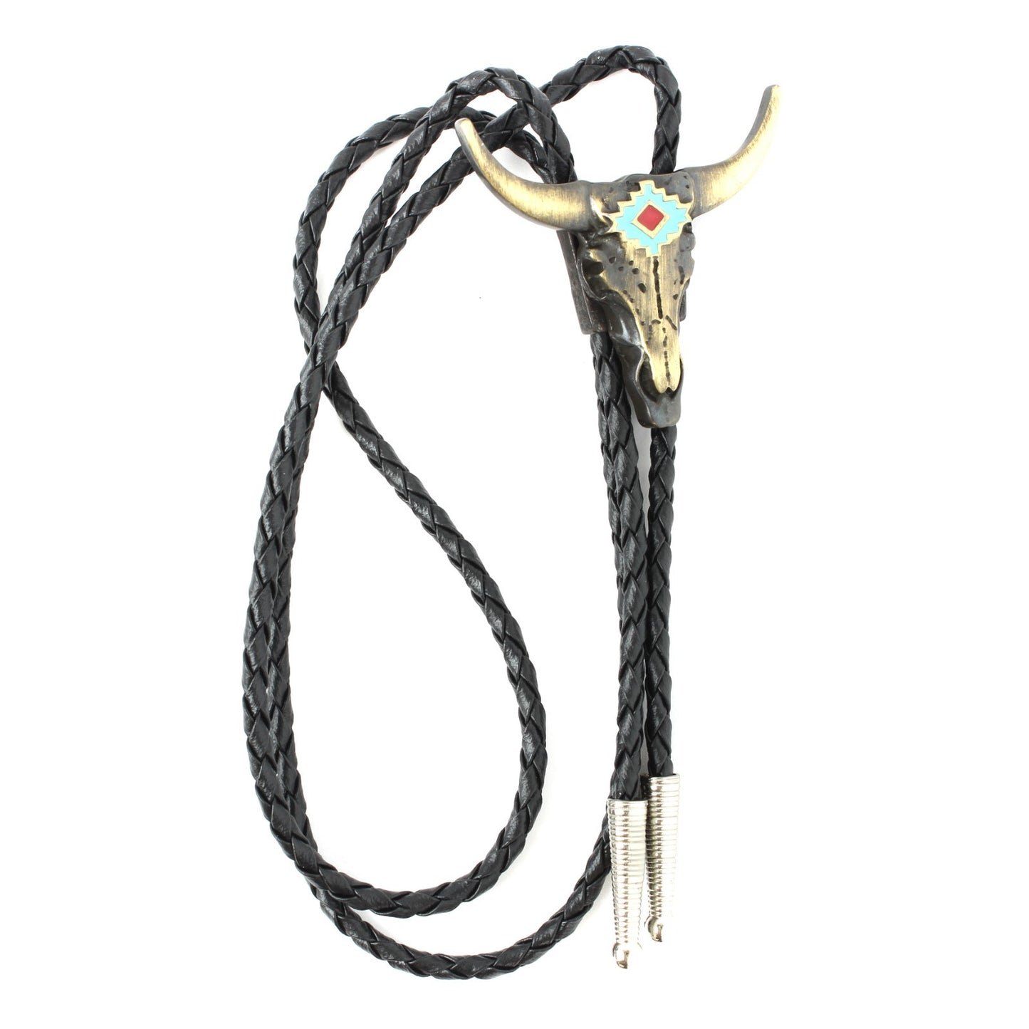 Brass Western Longhorn Skull Bolo Tie Turquoise Enamel 36 inch Cord Made in USA