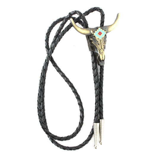 Brass Western Longhorn Skull Bolo Tie Turquoise Enamel 36 inch Cord Made in USA