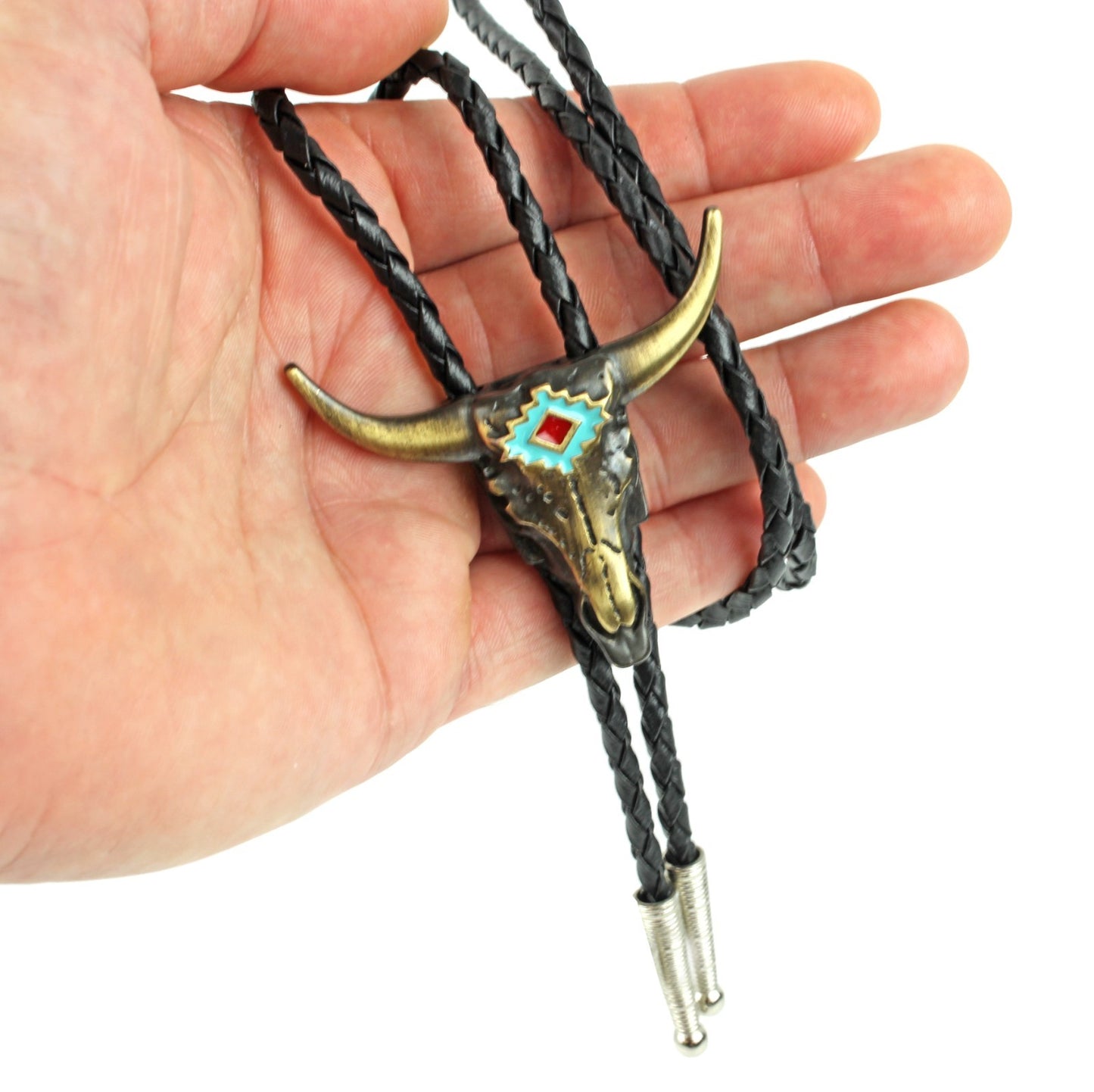 Brass Western Longhorn Skull Bolo Tie Turquoise Enamel 36 inch Cord Made in USA