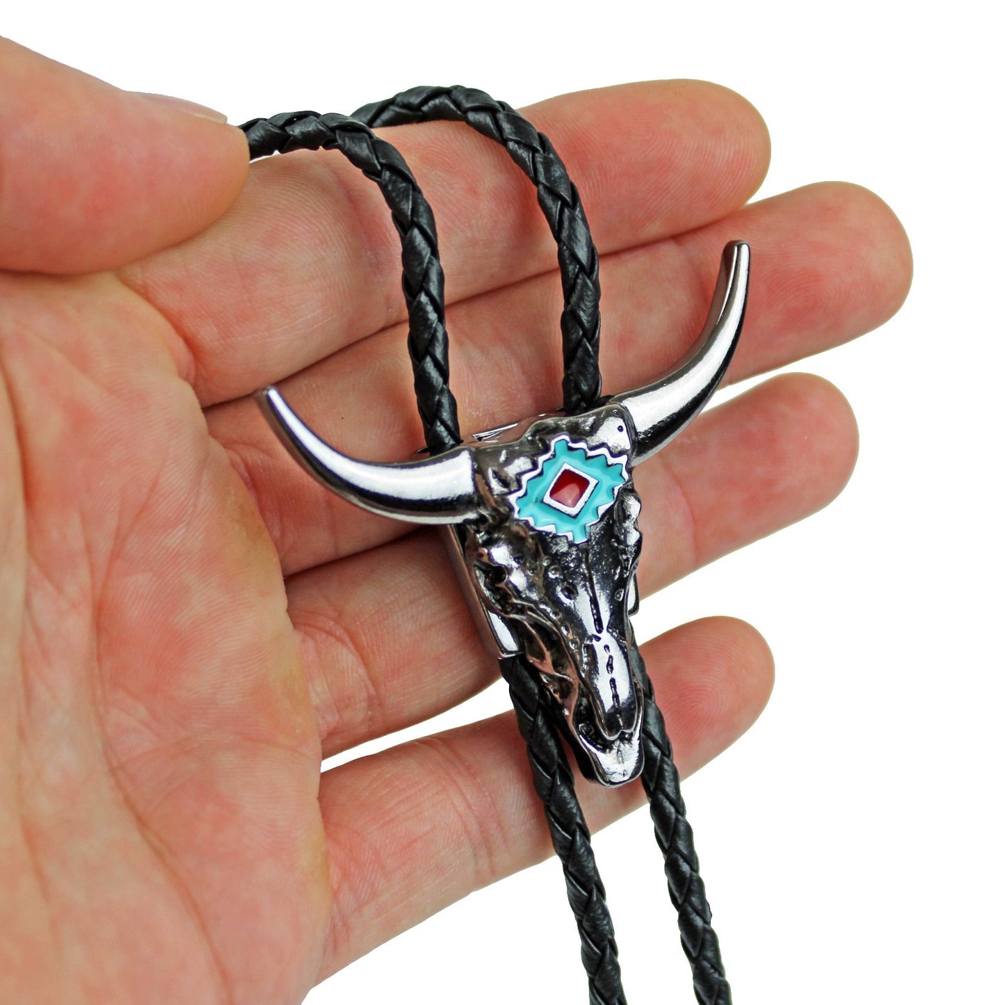 Silver Western Longhorn Skull Bolo Tie Turquoise Enamel 36 inch Cord Made in USA