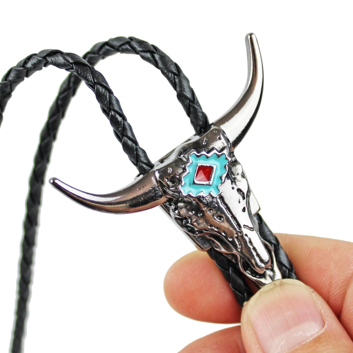 Silver Western Longhorn Skull Bolo Tie Turquoise Enamel 36 inch Cord Made in USA