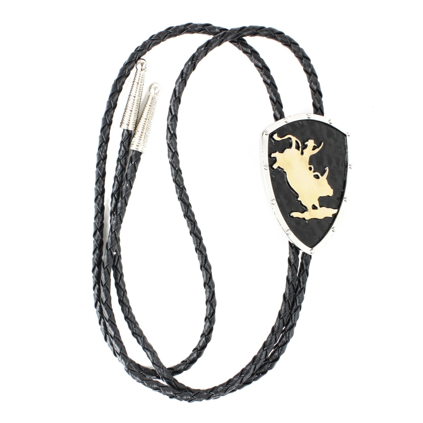 Cowboy Rodeo Bull Western Bolo Tie Silver & Gold Black Enamel 36 inch Black Cord