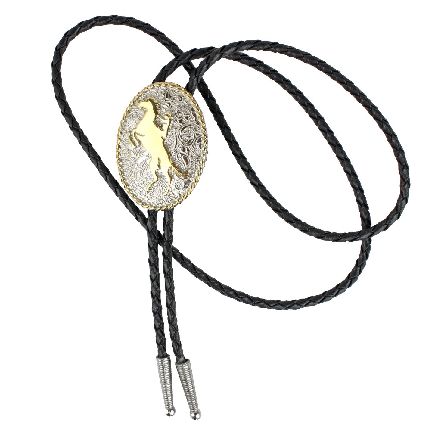 Floral Western Cowboy Bucking Horse Bolo Tie Silver & Gold 36 in Black Cord