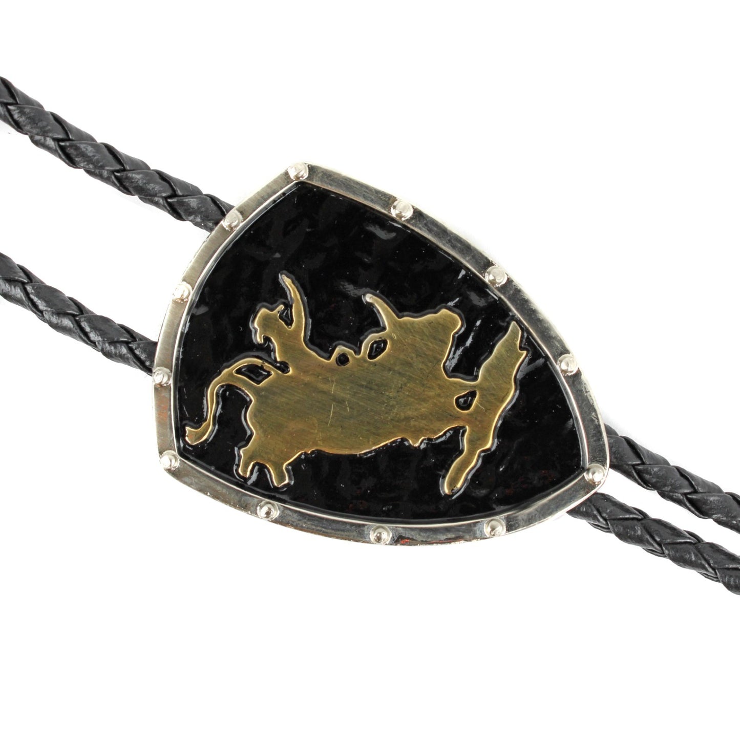 Cowboy Rodeo Bull Western Bolo Tie Silver & Gold Black Enamel 36 inch Black Cord