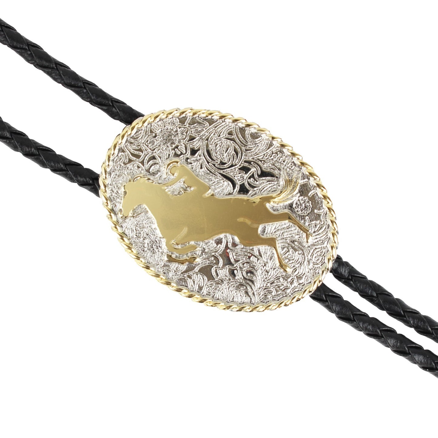 Floral Western Cowboy Bucking Horse Bolo Tie Silver & Gold 36 in Black Cord