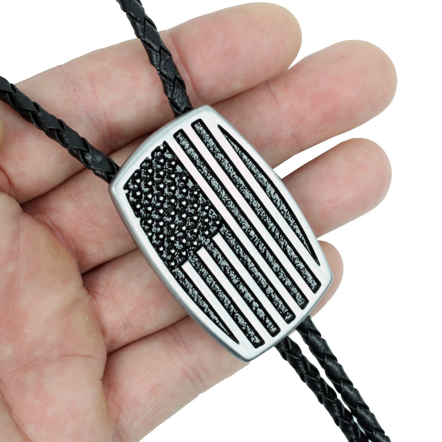 Silver Brushed Aluminum USA American Flag Bolo Tie 36 inch Black Braided Cord