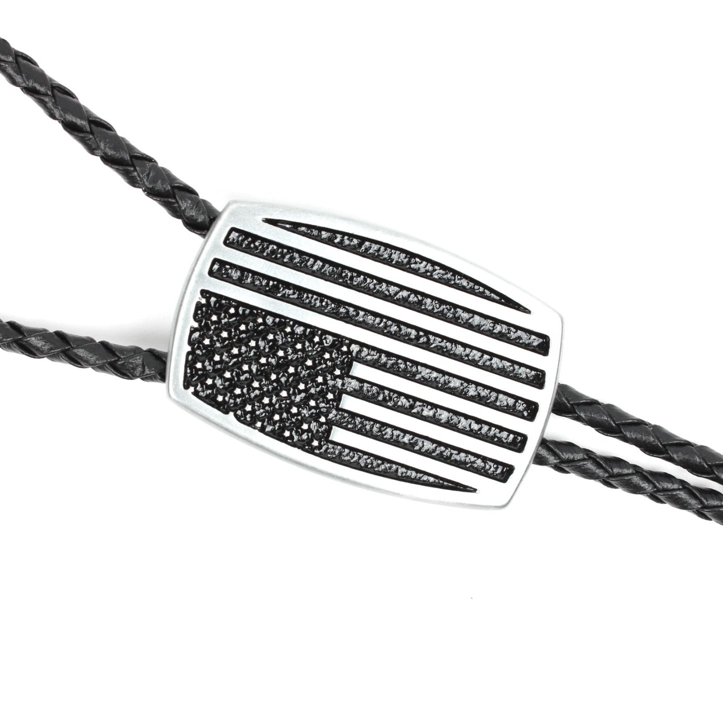 Silver Brushed Aluminum USA American Flag Bolo Tie 36 inch Black Braided Cord