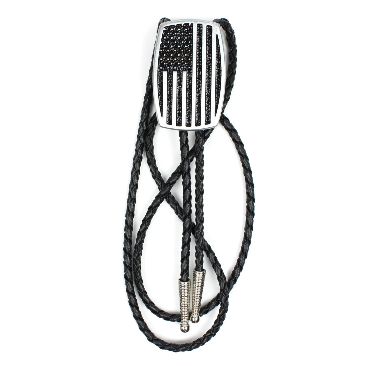 Silver Brushed Aluminum USA American Flag Bolo Tie 36 inch Black Braided Cord