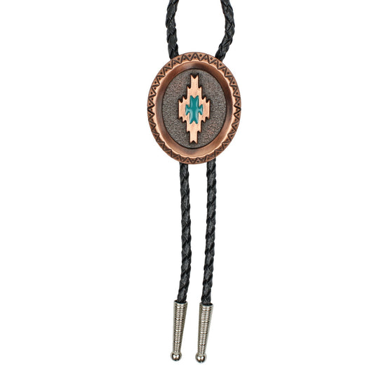 Vintage Copper Oval Aztec Bolo Tie Turquoise Enamel 36 inch Black Braided Cord