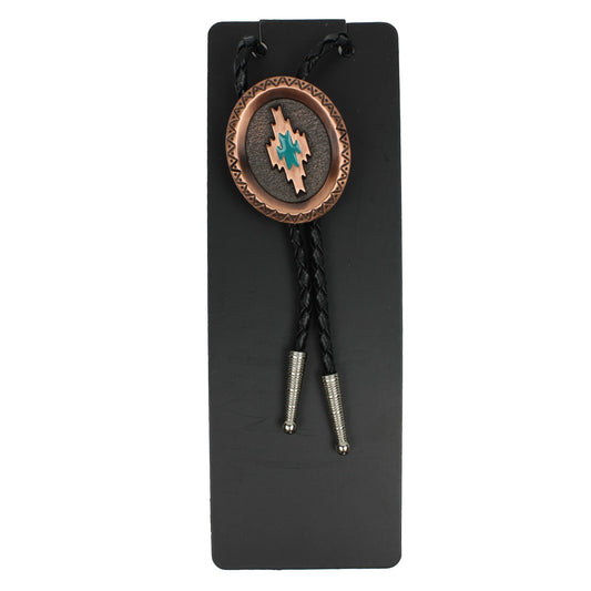 Vintage Copper Oval Aztec Bolo Tie Turquoise Enamel 36 inch Black Braided Cord