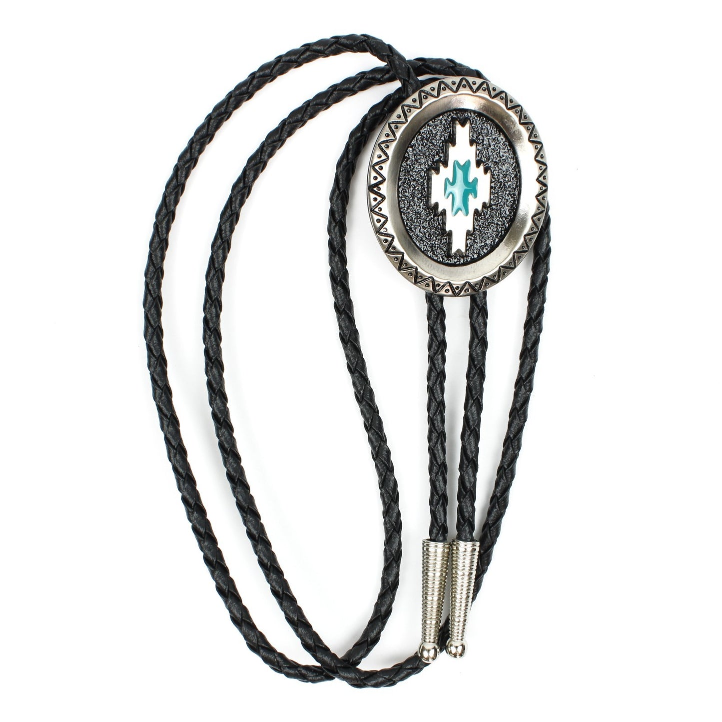 Oval Aztec Satin Silver Bolo Tie Turquoise Enamel 36 inch Black Braided Cord