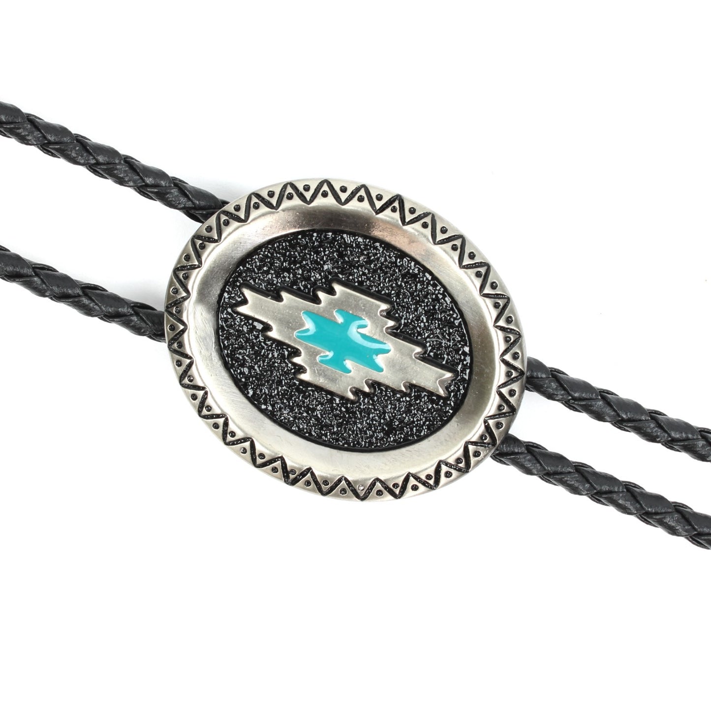Oval Aztec Satin Silver Bolo Tie Turquoise Enamel 36 inch Black Braided Cord