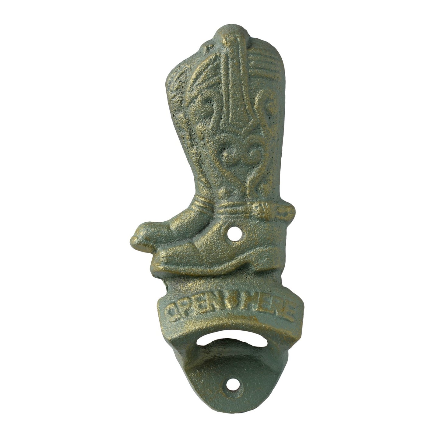 Cast Iron Cowboy Boots Bar Open Here Beer Bottle Opener Wall Mounted Verdigris