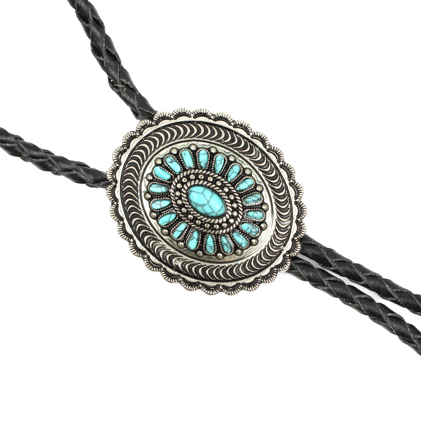 Oval Turquoise Stones Inlay Bolo Tie Antique Silver 40 inch Black Leather Cord