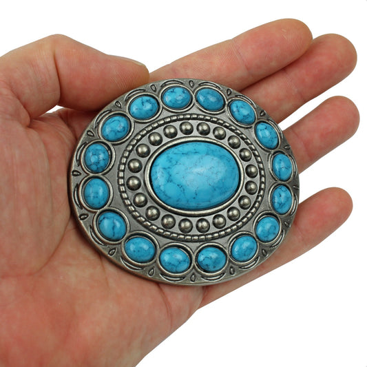 Southwestern Turquoise Beads Oval Belt Buckle Antique Silver Fits 1.5 inch Belts