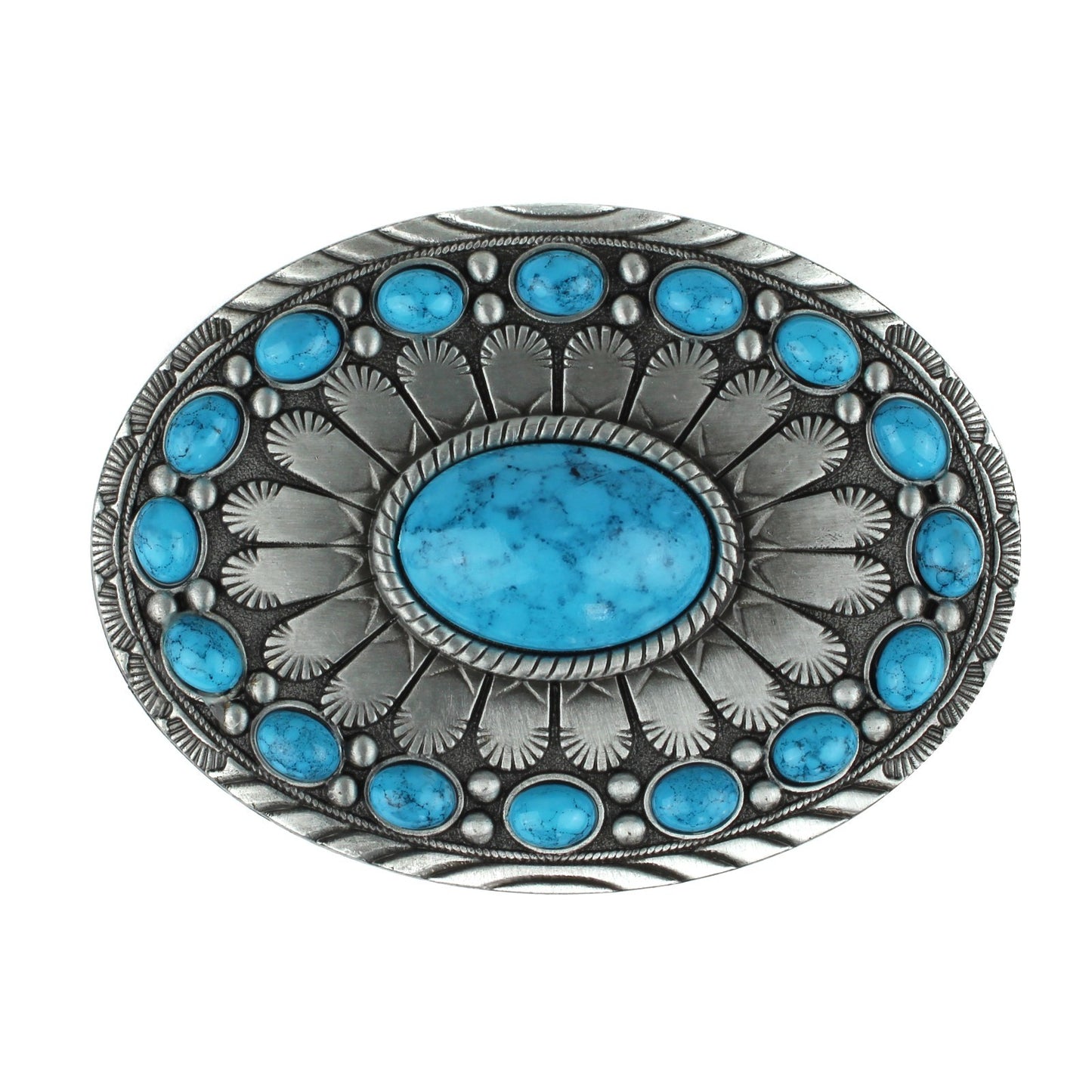 Oval Southwestern Turquoise Beads Belt Buckle Antique Silver Fits 1.5 inch Belts
