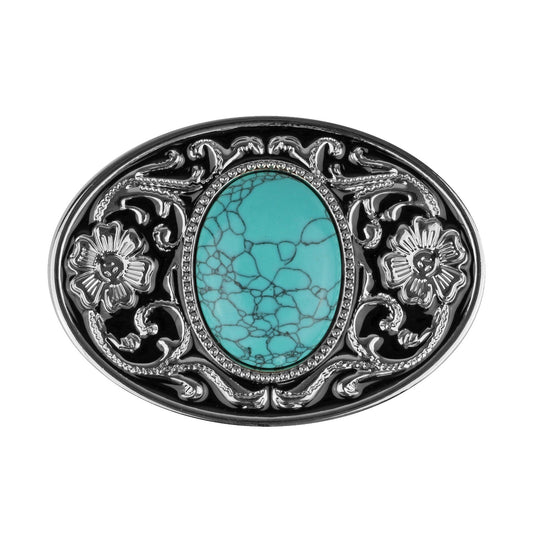 Southwestern Oval Turquoise Floral Belt Buckle Silver Tone With Black Enamel