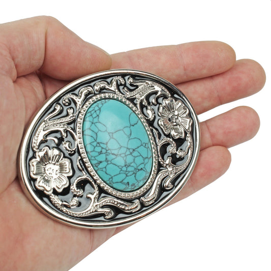 Southwestern Oval Turquoise Floral Belt Buckle Silver Tone With Black Enamel