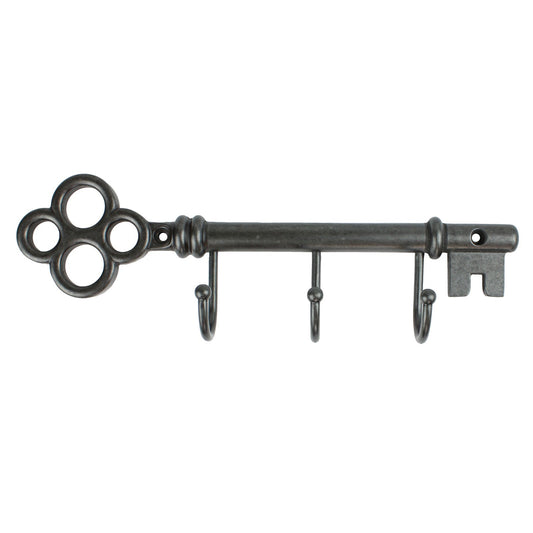 Metal Key Shaped Triple Wall Hook Rack Key Hanger Brushed Silver Black 9 inch