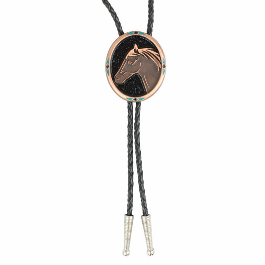 Vintage Copper Oval Horse Head Western Bolo Tie 36 inch Black Braided Cord