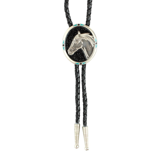 Vintage Silver Oval Horse Head Western Bolo Tie 36 inch Black Braided Cord