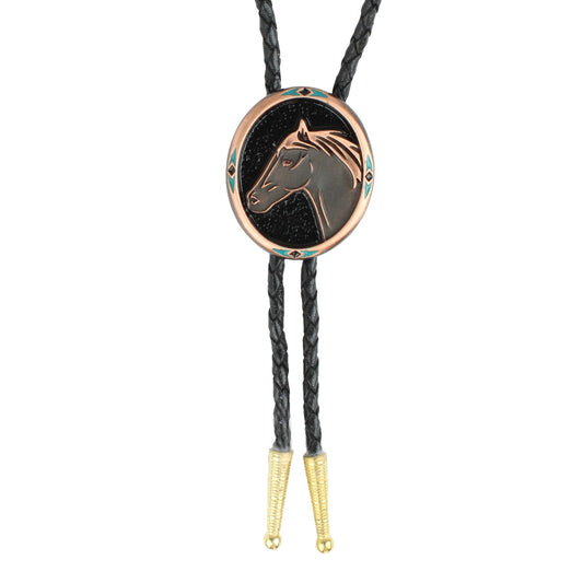 Vintage Copper Oval Horse Head Western Bolo Tie 36 inch Black Cord Golden Tips