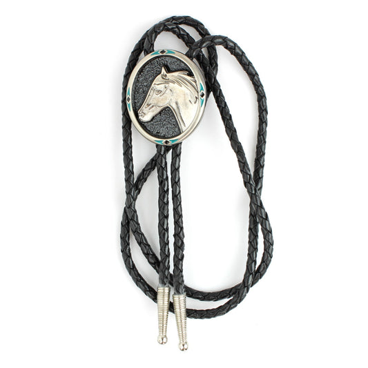 Vintage Silver Oval Horse Head Western Bolo Tie 36 inch Black Braided Cord