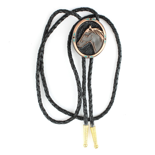 Vintage Copper Oval Horse Head Western Bolo Tie 36 inch Black Cord Golden Tips