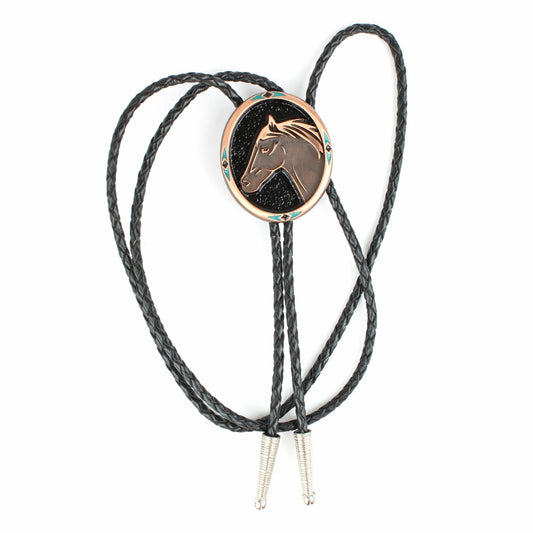 Vintage Copper Oval Horse Head Western Bolo Tie 36 inch Black Braided Cord
