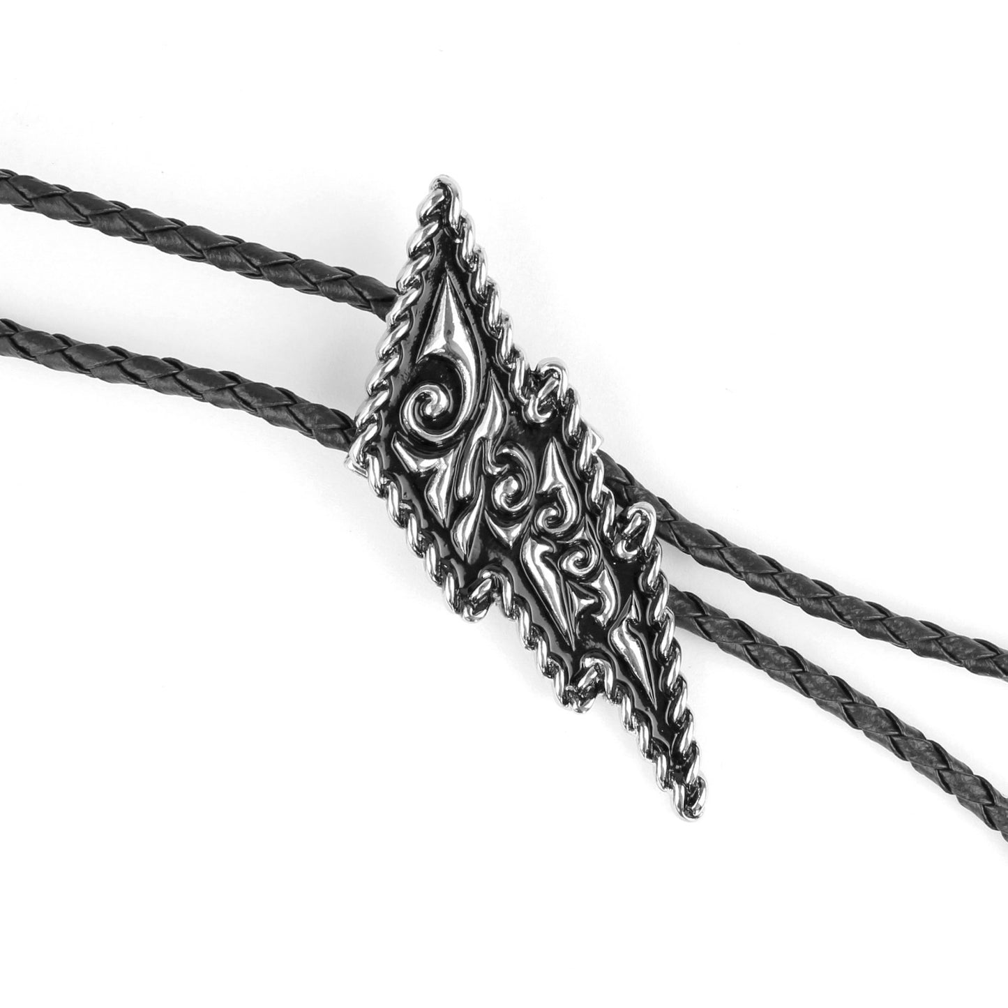 Lightning Bolt Nickel & Black Bolo Tie Adjustable 36 inch Black Cord Made in USA