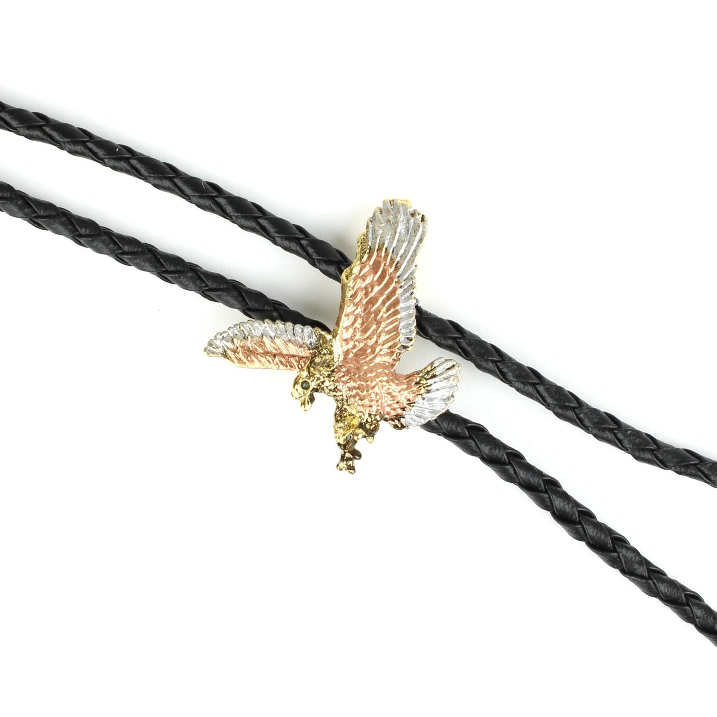 Tricolor Golden Attacking American Eagle Bolo Tie 36 inch Black Cord Made in USA