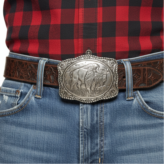 Belt buckle with a design of a buffalo on a white background