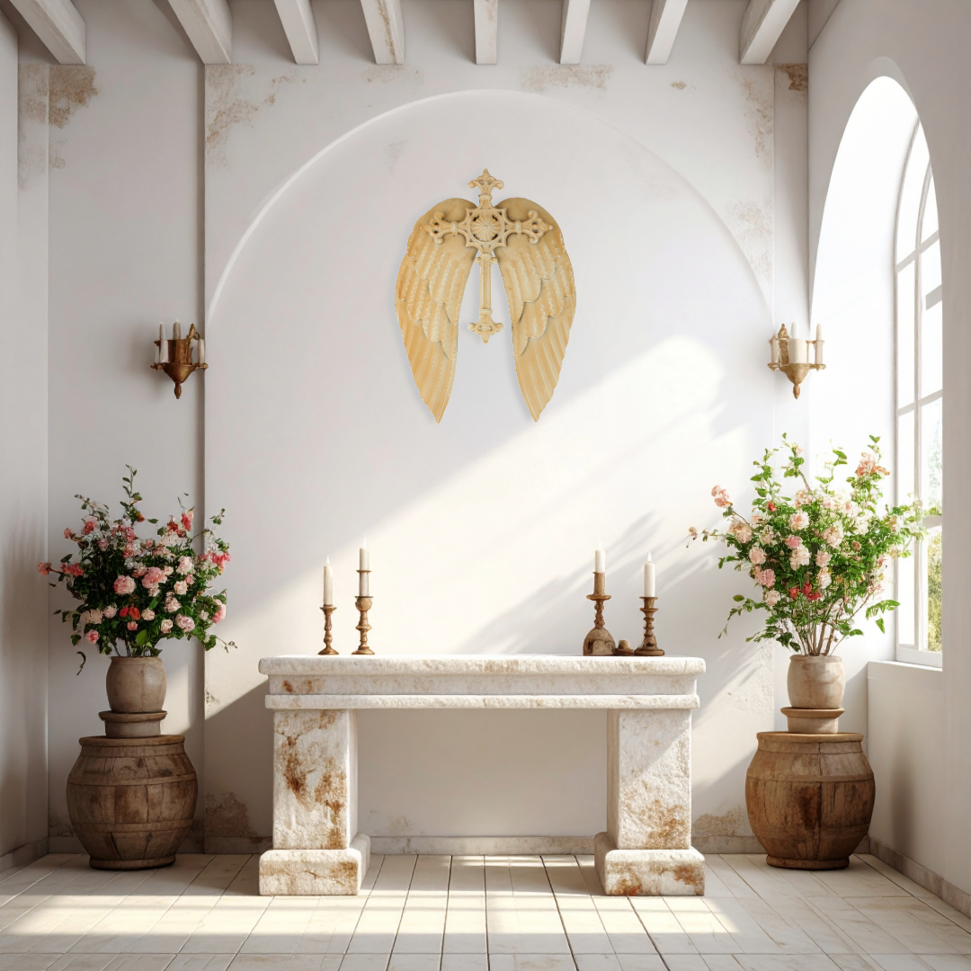 Religious Metal Angel Wings With Cross Wall Decor Rustic Light Brown 15 inch