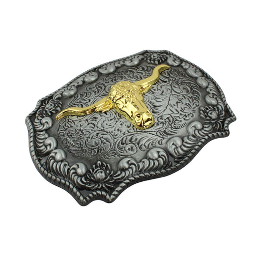 Golden Longhorn Antique Silver Floral Western Belt Buckle Fits 1.5 inch Belts