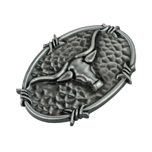Oval Longhorn Bull Steer Head Barbed Wire Western Belt Buckle Antique Silver