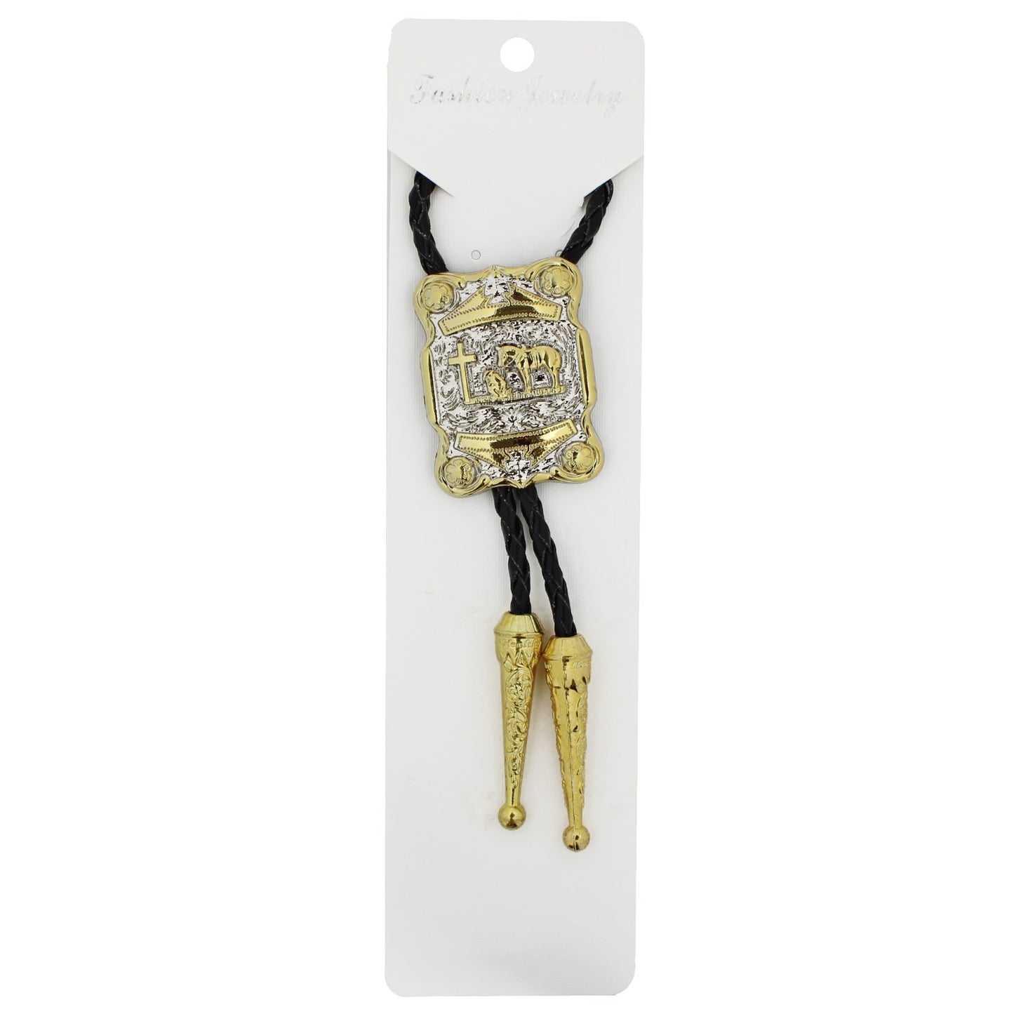 Praying Cowboy Kneeling At Cross Golden Bolo Tie 40 in Adjustable Leather Cord