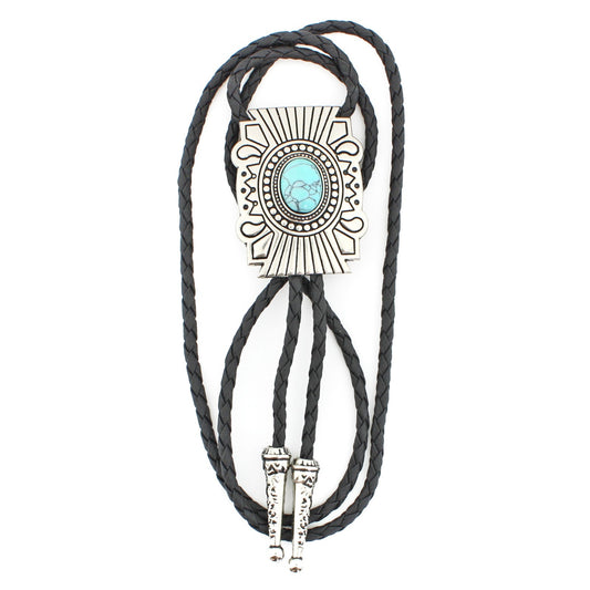 Silver Tone Oval Turquoise Stone Aztec Bolo Tie 40 in Adjustable Leather Cord