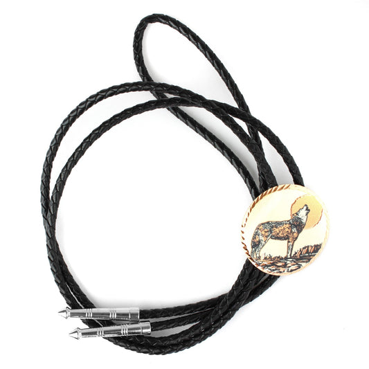 Round Etched Howling Wolf Moon Copper Bolo Tie 40 inch Black Cord Made in USA