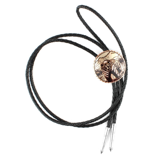 Round Etched Copper Grizzly Bear Bolo Tie 40 inch Black Cord Made in USA