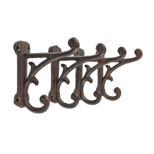4 Cast Iron Rustic Vines Double Wall Hook Key Towel Coat Purse Door Hanger Brown