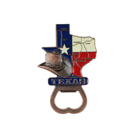Western Texas Map Hat Metal Fridge Magnet Hand Held Bottle Opener Color Enamel