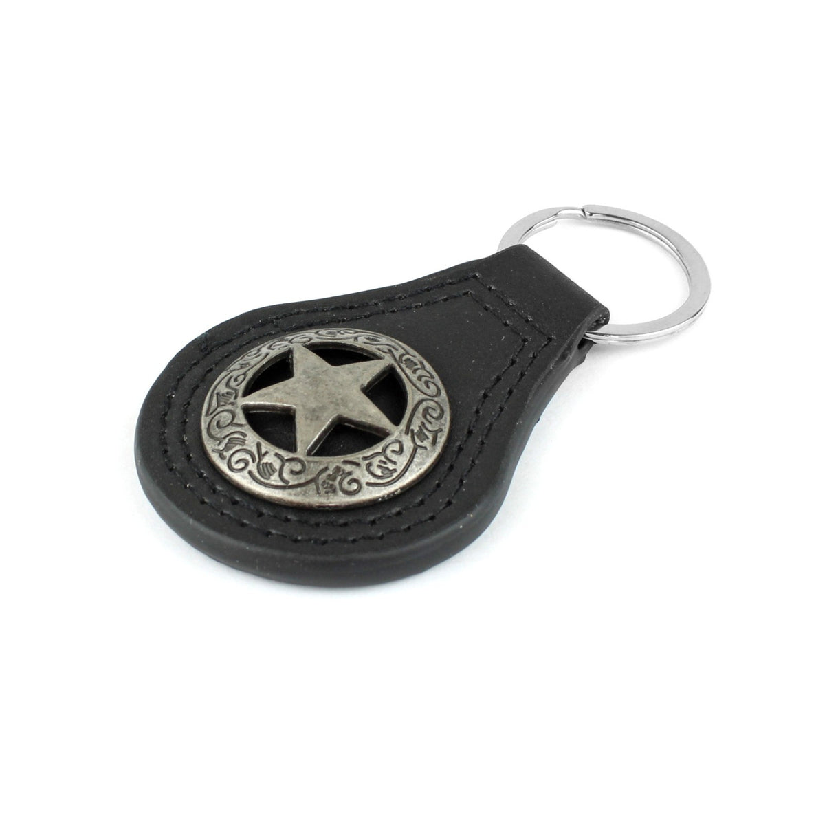 Silver Texas Star Concho Black Leather Keychain Keyring Fob Cowboy Gift 3.5 inch