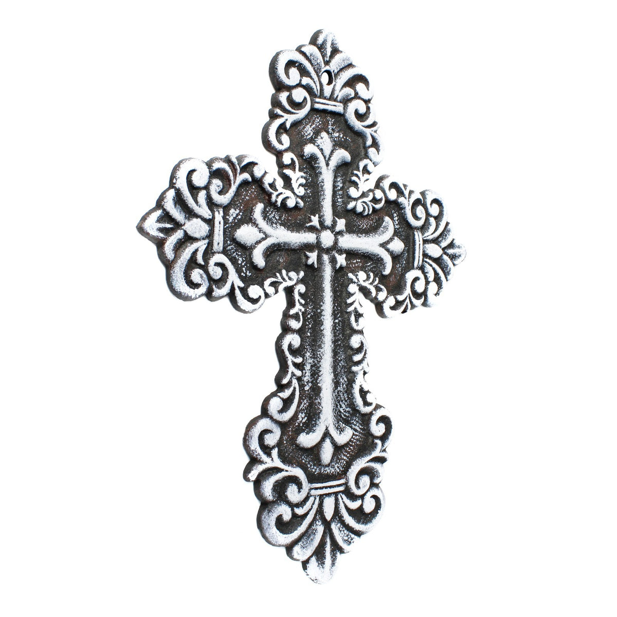 Rustic White Cast Iron Wall Cross Fleur De Lis Layered Floral Design 11 inch
