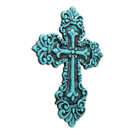 Rustic Turquoise Cast Iron Wall Cross Fleur De Lis Layered Floral Design 11 inch
